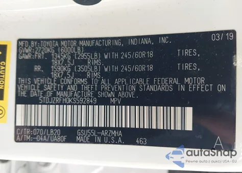 2019 Toyota Highlander Xle from USA, damaged, VIN 5TDJZRFH0KS592849